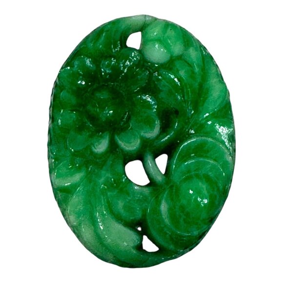 Vintage Carved Green Jade Glass Oval Pendant Floral FLowers 1.5" Jadeite Estate - Picture 1 of 4